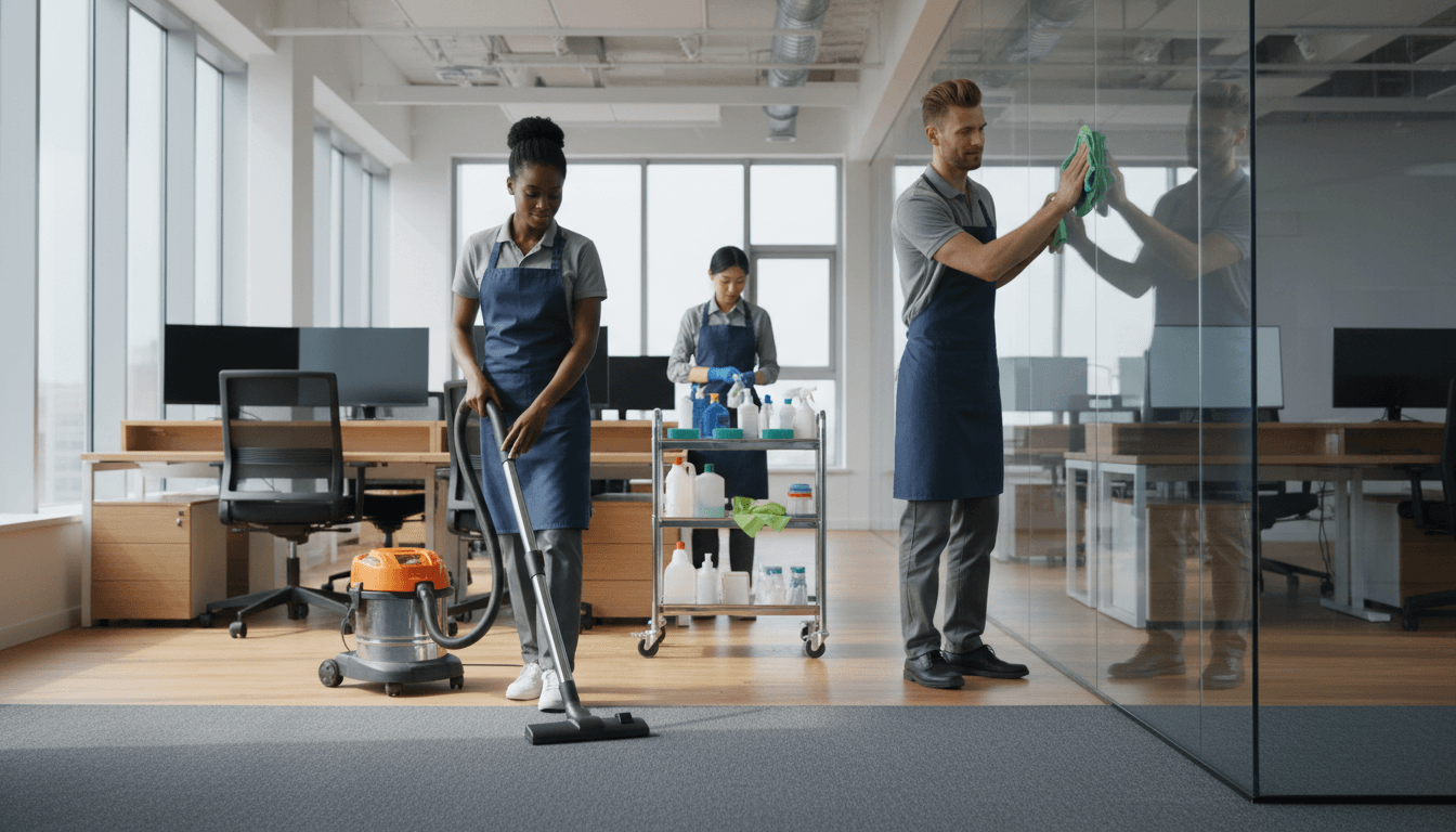 Commercial office cleaning with professional equipment and thorough technique
