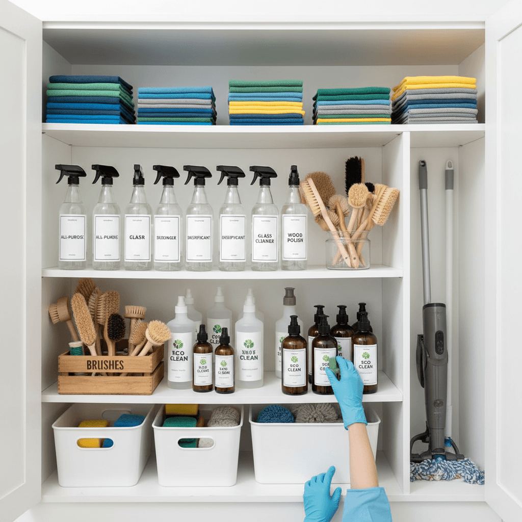 Organized cleaning supplies and equipment storage